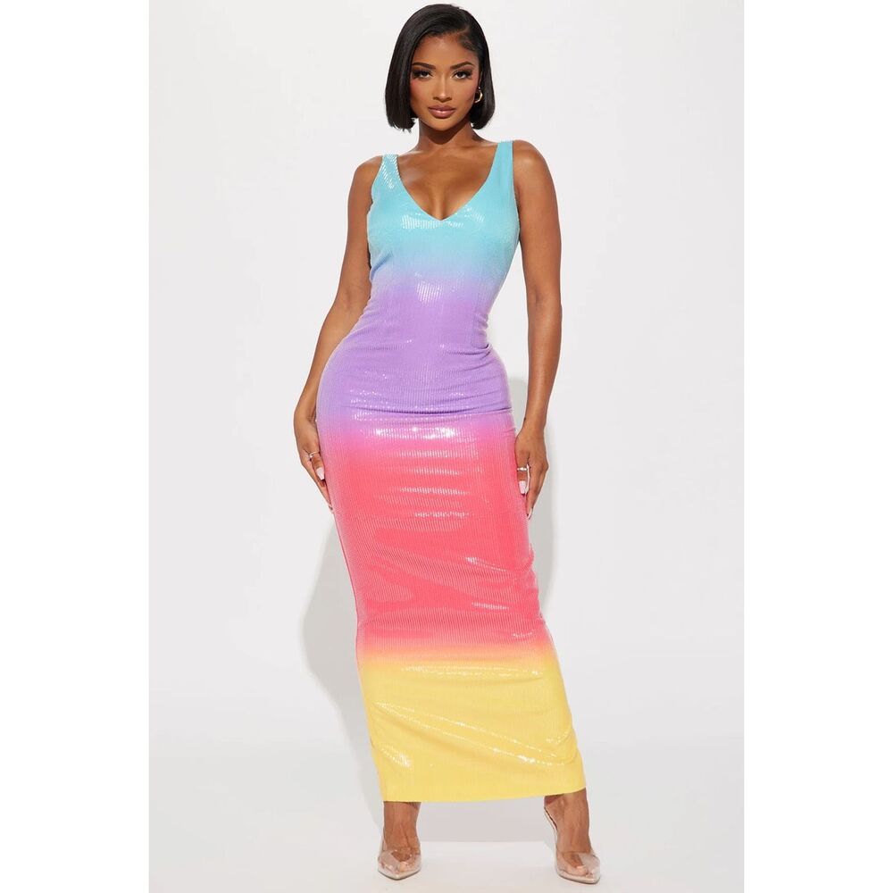 NWT Fashion Nova Makenzie Sequin Pink Ombré Rainbow Maxi Party Dress Size Small